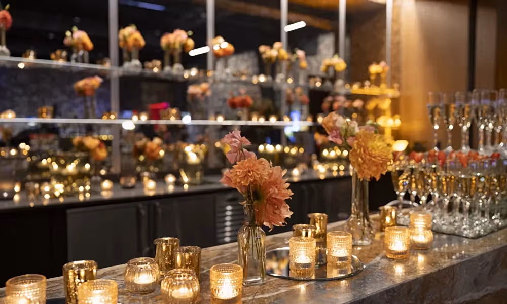 Bar decorated with tea lights in the Canyon Ballroom.